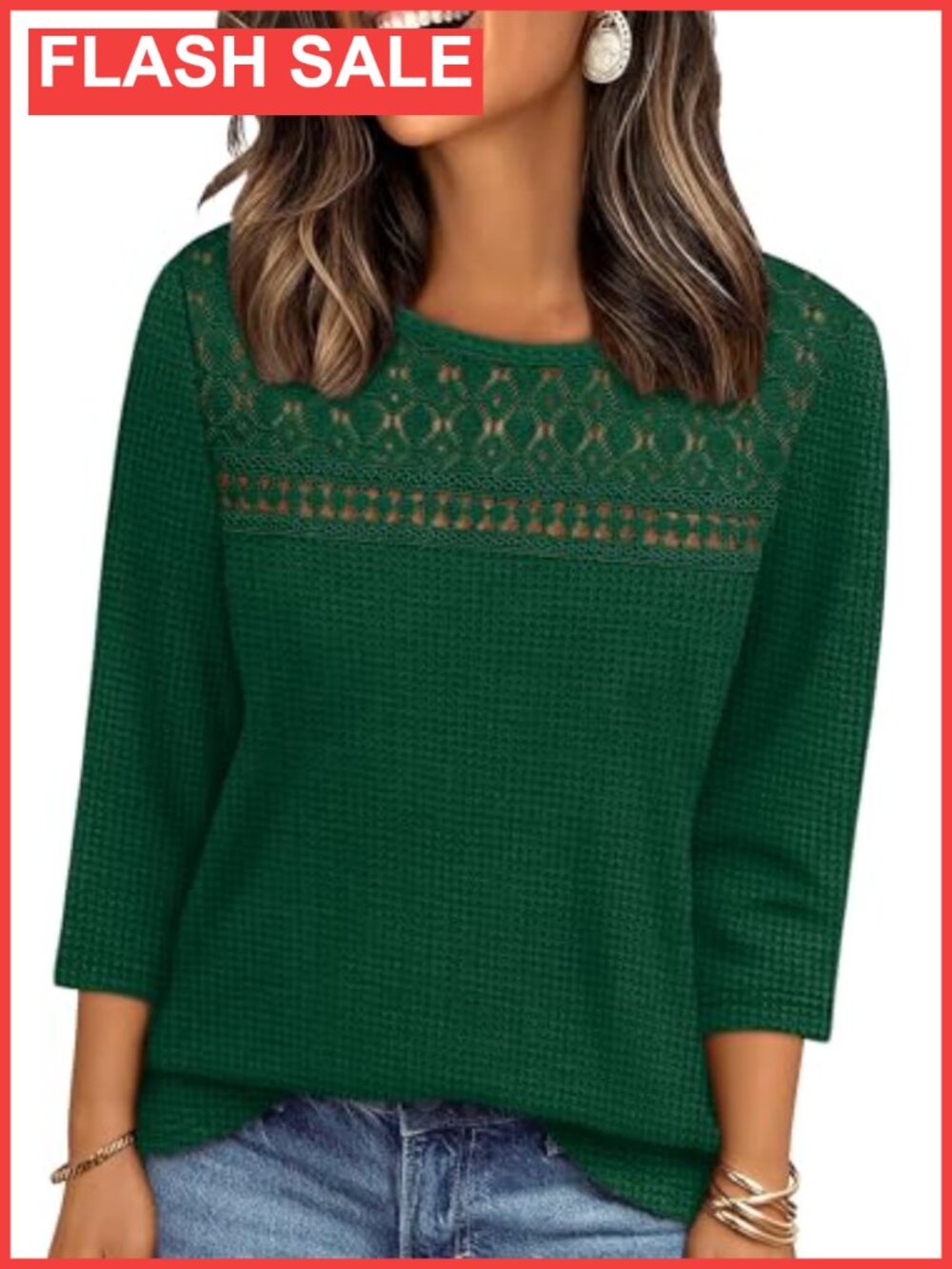 Womens 3/4 Sleeve Waffle Knit Lace Blouse Dressy Casual Flowy Top